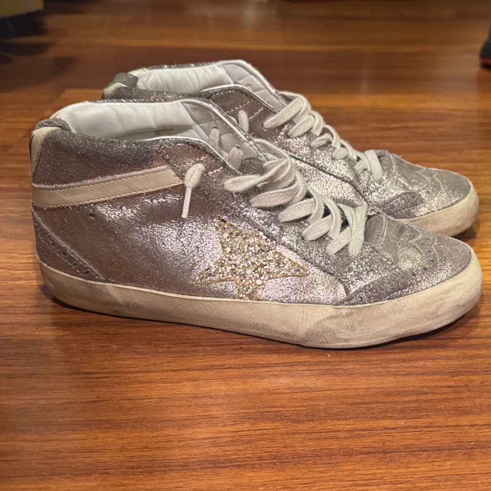 Golden Goose Metallic Silver Sneakers with Glitter Star